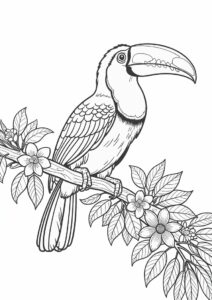Realistic Toucan Coloring Page Perched On Branch With Flowers 3