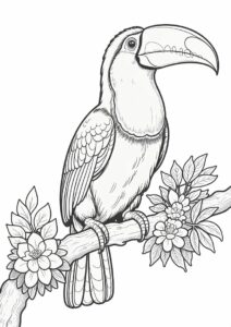 Realistic Toucan Coloring Page Perched On Branch With Flowers 4