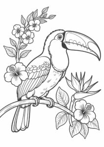 Realistic Toucan Coloring Page Perched On Branch With Flowers 5