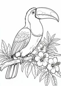 Realistic Toucan Coloring Page Perched On Branch With Flowers 6