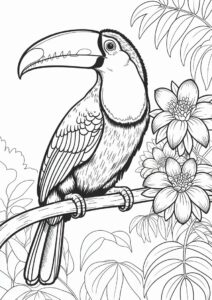 Realistic Toucan Coloring Page Perched On Branch With Flowers 7