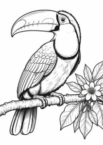 Realistic Toucan Coloring Page Perched On Branch With Flowers 8