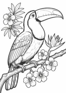 Realistic Toucan Coloring Page Perched On Branch With Flowers 9