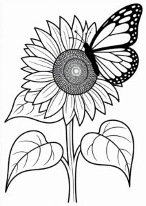 Sunflower With Butterfly Coloring Page 1