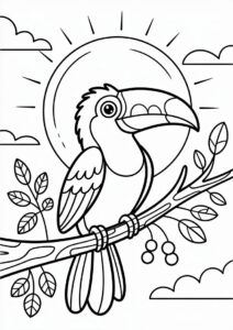 Toucan Coloring Page Perched On Branch In Front Of Sun 1