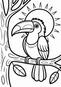 Toucan Coloring Page Perched On Branch In Front Of Sun 10