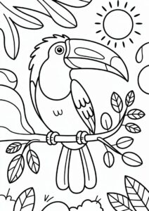 Toucan Coloring Page Perched On Branch In Front Of Sun 11