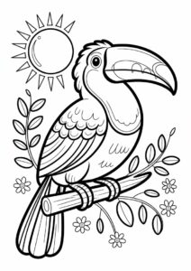 Toucan Coloring Page Perched On Branch In Front Of Sun 12