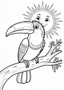 Toucan Coloring Page Perched On Branch In Front Of Sun 13