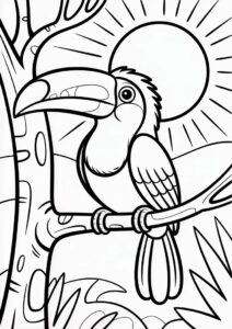 Toucan Coloring Page Perched On Branch In Front Of Sun 14