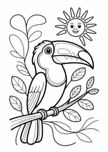 Toucan Coloring Page Perched On Branch In Front Of Sun 15