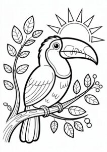 Toucan Coloring Page Perched On Branch In Front Of Sun 16