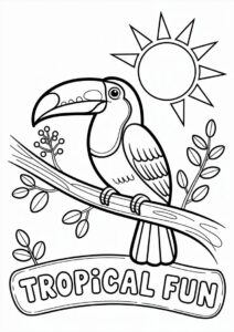 Toucan Coloring Page Perched On Branch In Front Of Sun 2
