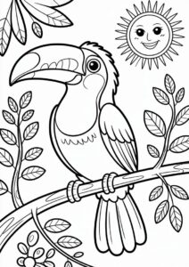 Toucan Coloring Page Perched On Branch In Front Of Sun 4