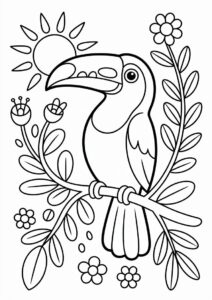 Toucan Coloring Page Perched On Branch In Front Of Sun 6