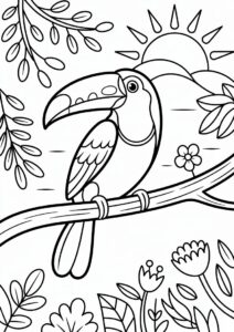 Toucan Coloring Page Perched On Branch In Front Of Sun 7