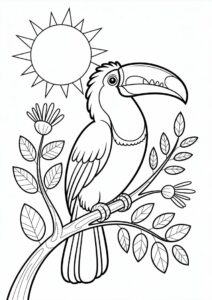 Toucan Coloring Page Perched On Branch In Front Of Sun 9